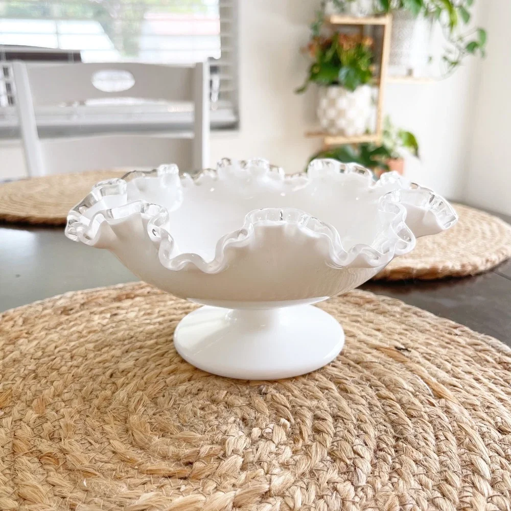 Vintage Fenton White Milk Glass Ruffled Edge Pedestal Compote Dish Silver Crest